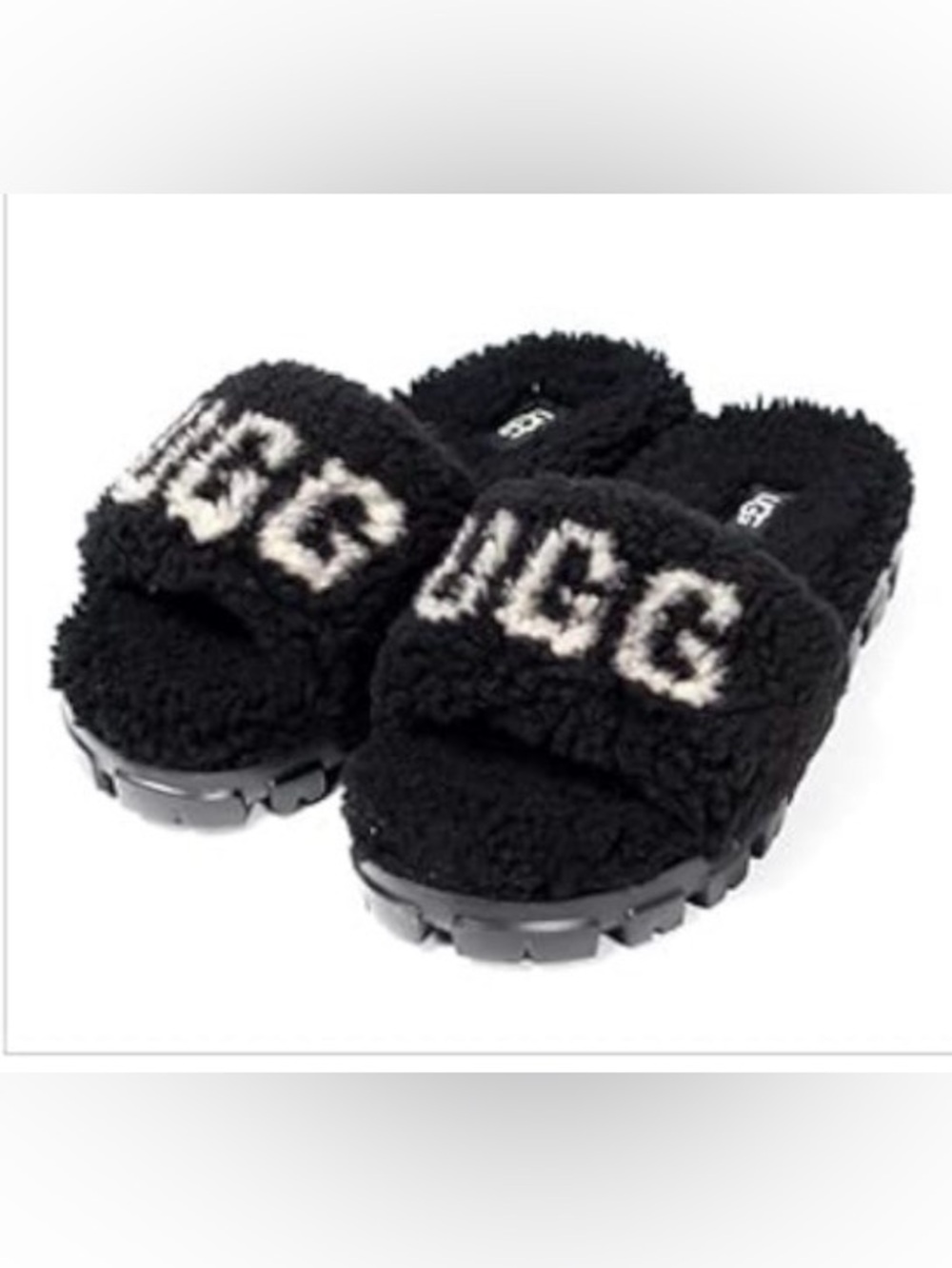 UGG Cozette Black Shearling Logo Slide Slippers Size 9
